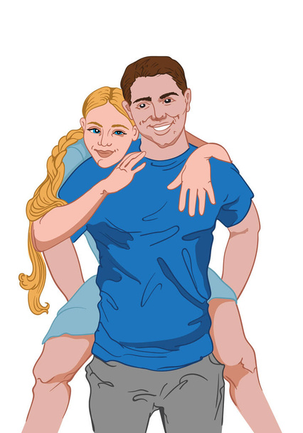 Happy couple, man dressed in gray pants and blue t-shirt carrying his girlfriend in light blue dress on his back - Вектор, зображення