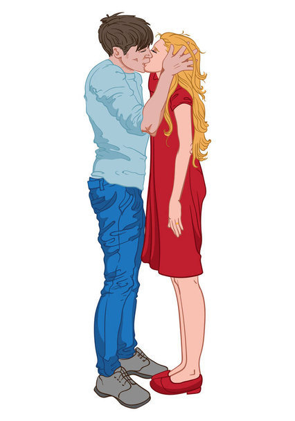 Чоловік у блакитному одязі цілує блондинку, одягнену в червоний
 - Вектор, зображення
