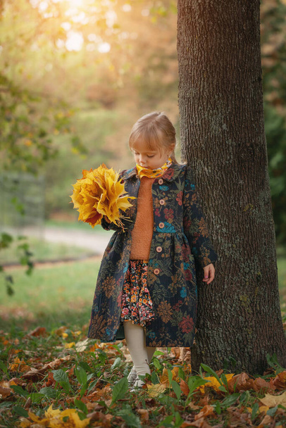 Cute little girl stands with a bouquet of maple yellow leaves in the autumn park. Dressed in a warm vintage coat. Autumn mood. - Fotografie, Obrázek