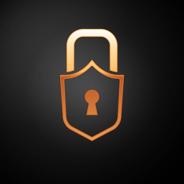 Gold Lock icon isolated on black background. Padlock sign. Security, safety, protection, privacy concept.  Vector. - Vector, Image