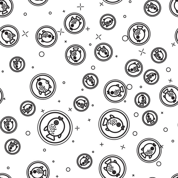 Línea negra Peces globo en un icono de placa aislado patrón sin costura sobre fondo blanco. Fugu pescado pez globo japonés. Vector.. - Vector, Imagen