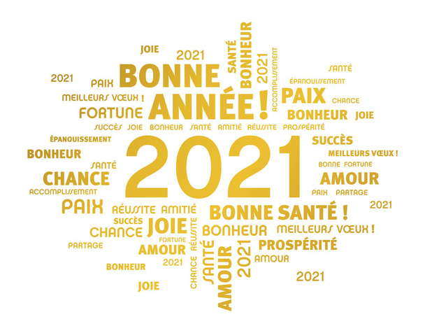 Χαιρετίζοντας τις λέξεις γύρω από την ημερομηνία της Πρωτοχρονιάς 2021, χρωματισμένο σε χρυσό, στη γαλλική γλώσσα, απομονώνονται σε λευκό. Το σύννεφο λέξεων επιθυμεί. - Διάνυσμα, εικόνα