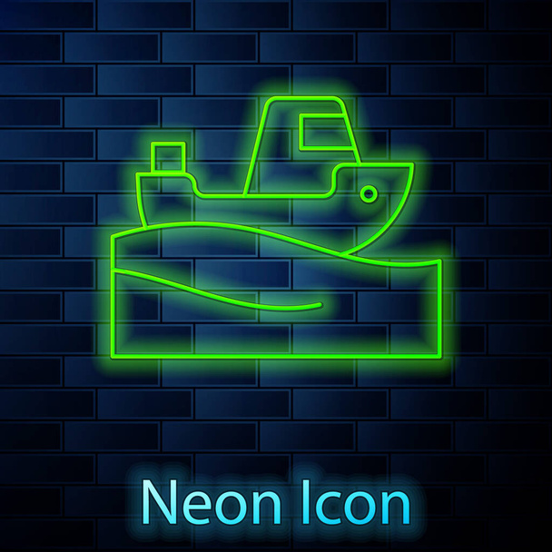 Ragyogó neon vonal Horgászhajó a víz ikon elszigetelt téglafal háttér. Vektor. - Vektor, kép