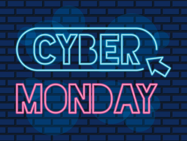 ετικέτα cyber monday neon με βέλος ποντικιού σε μπλε τοίχο - Διάνυσμα, εικόνα