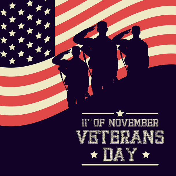 feliz tarjeta de celebración del día de los veteranos con soldados saludando bandera de EE.UU. - Vector, imagen