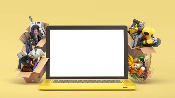 online ordering of goods from a hypermarket. Products clothing and household appliances in boxes over laptop with blank screen 3d render on color gradient - Fotoğraf, Görsel
