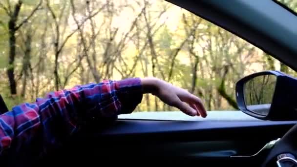 車やキャンパーバンで旅行する若い男の映画的なインスピレーションのビデオは、田舎の新鮮な空気を吸うためにウィンドウを開き、風の中で手を動かします。歌の歌のメロディー、秋の休暇の振動 - 映像、動画