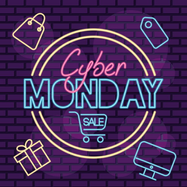 kybernetické pondělí neonový kruhový štítek s nákupním košíku a dárkem - Vektor, obrázek