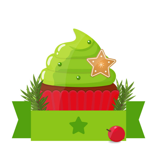 Christmas sweet, cupcake with green cream and cookie. Muffin with Christmas decorations. - Vektör, Görsel