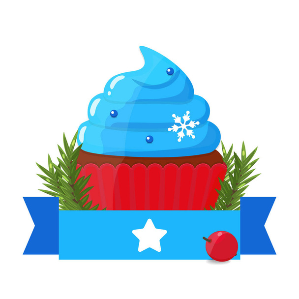 Christmas sweet, cupcake with blue cream and snowflake. Muffin with Christmas decorations. - Vektör, Görsel