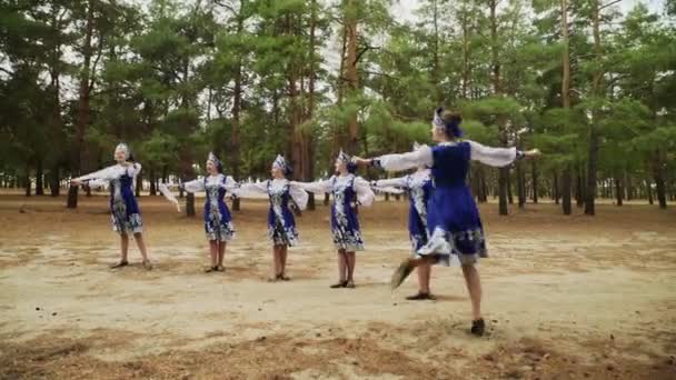 Шесть молодых красивых женщин танцуют русский традиционный танец в летнем лесу - Кадры, видео