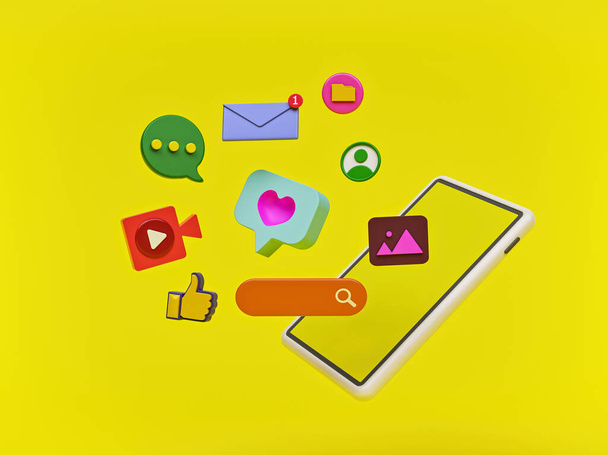 nowoczesne ikony sieci społecznościowych ze smartfonem. abstrakcyjny modny kolorowy design do reklamy i marketingu mediów społecznościowych. koncepcja technologii. 3d renderowanie - Zdjęcie, obraz