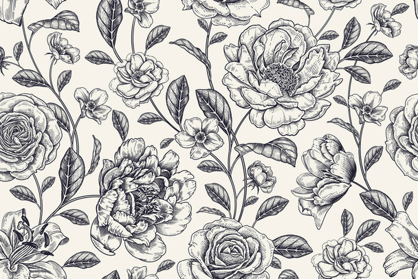 Vintage seamless pattern. Floral black and white background. Garden flowers roses and peonies. Handmade graphics. Victorian style. Textiles, paper, wallpaper decoration. Ornamental cover. - Wektor, obraz