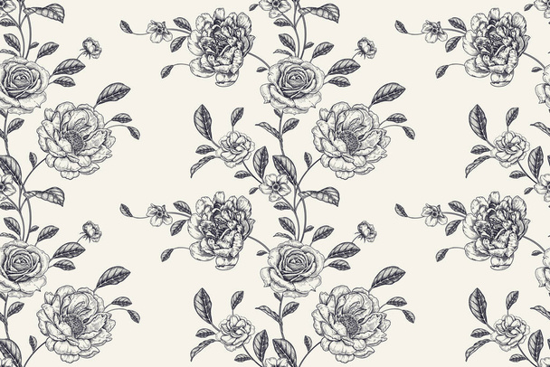 Vintage seamless pattern. Floral black and white background. Garden flowers roses, peonies, branches and leaves. Handmade graphics. Victorian style. Summer template for textiles, paper, wallpaper. - Wektor, obraz