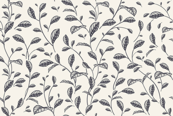 Small cute decorative leaves. Seamless pattern with plant elements. Abstract black foliage on white background. Vintage. Handmade graphics. Template for summer textiles, paper, wallpaper, interior - Vector, Image