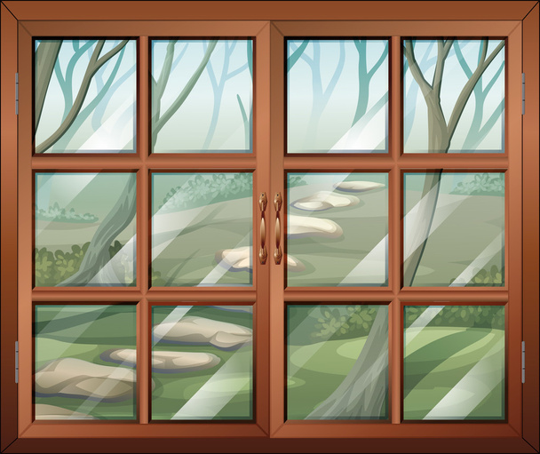 A closed window with a view of the forest - Vector, Image