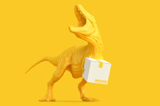 Tyrannosaurus with cardboard parcel. Delivery service concept. 3D rendering - Photo, image