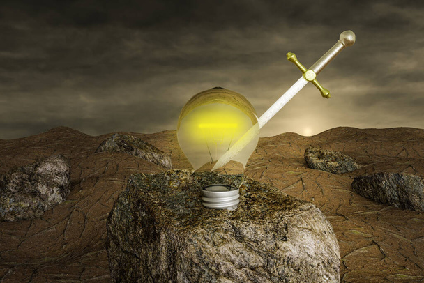 Excalibur em uma lâmpada na pedra no dia de pôr-do-sol. Negócios ou Liderança ou ideia de criatividade ou Poder ou como um herói ou negócio ou motivação ou conceito de parceria de trabalho em equipe. Ilustração 3D - Foto, Imagem