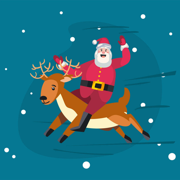 christmas, santa claus on reindeer on blue background - Вектор,изображение
