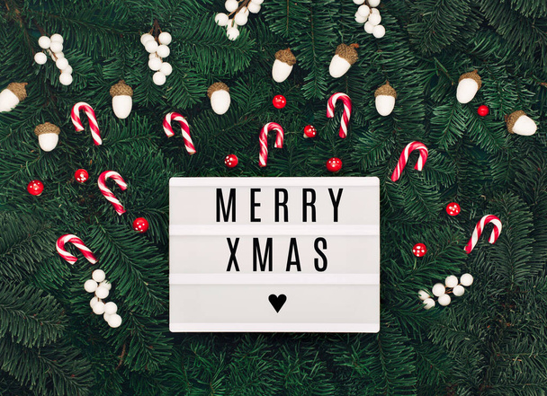 Merry Xmas tekst op witte Lightbox met vakantie witte decoraties, zuurstokken, rode paddestoelen, eikels op kerstboom takken achtergrond. Platte lay, bovenaanzicht, kopieerruimte. Wintertijdconcept. - Foto, afbeelding