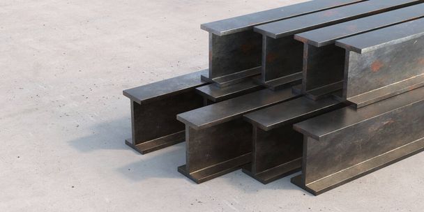 Виробництво сталевих балок. Металеві балки укладаються на цементно-бетонному промисловому фоні підлоги, копіюють простір. 3d ілюстрація
 - Фото, зображення