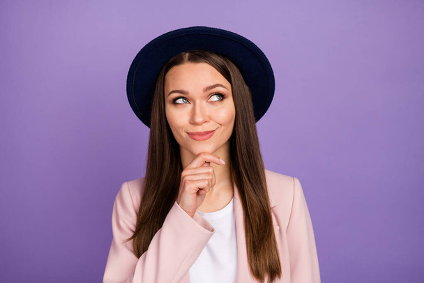 Portrait of minded interested girl rest relax touch chin hand look copyspace think thoughts plan decide weekend free time wear pastel outfit isolated over violet color background - Φωτογραφία, εικόνα