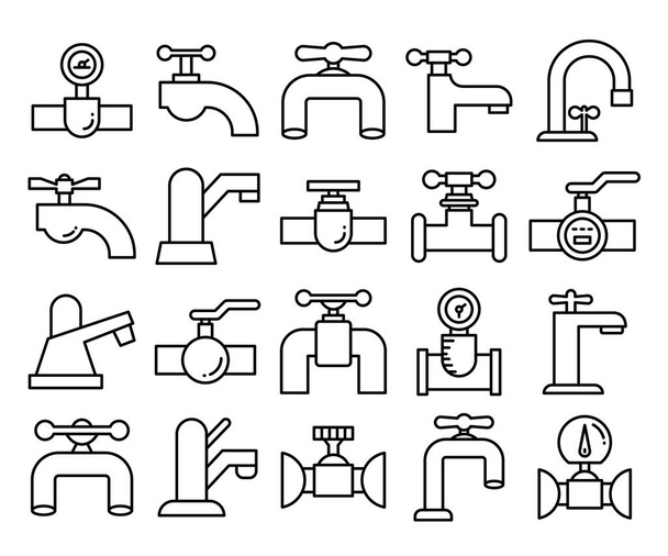 valve, faucet and hydrant pipe line icons line design - Vector, Image