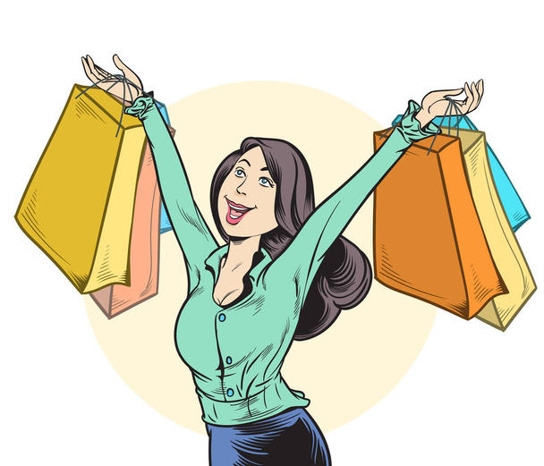 Women enjoy shopping, big discounts, buying products and gifts.She carried a paper bag filled with both hands. Pop art  hand drawn style vector design illustrations. - Vector, Image