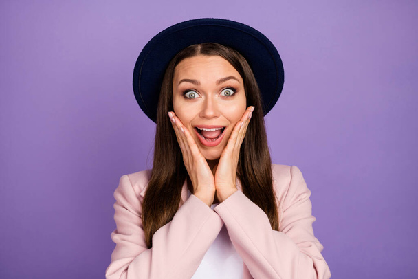 Portrait of astonished cheerful funky lady girl see wonderful black friday news impressed touch hands cheeks scream wear modern clothes isolated over purple color background - Φωτογραφία, εικόνα