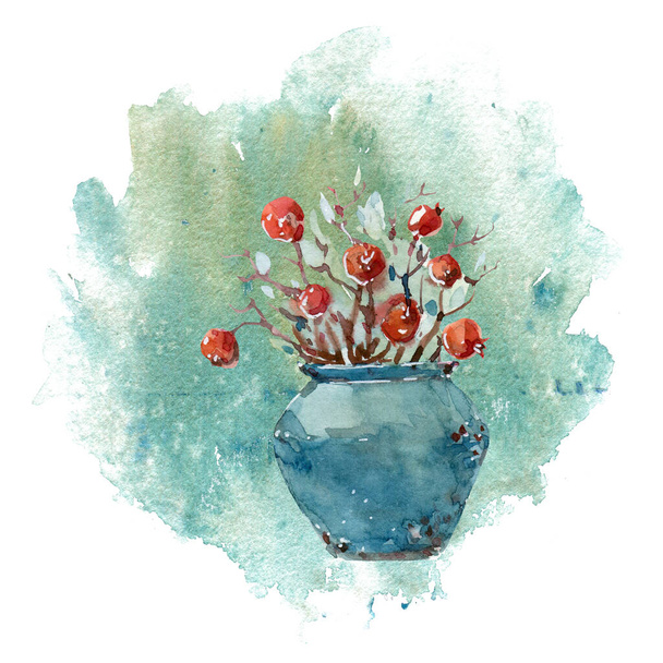 Watercolor illustration with bouquet, vase. Cozy home. Garden. - Φωτογραφία, εικόνα
