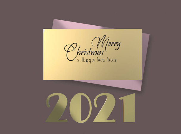 Carte de voeux abstraite du Nouvel An 2021 avec étiquette cadeau de Noël en or avec texte Joyeux Noël Bonne année, chiffre d'or 2021 sur fond brun pastel. rendu 3D - Photo, image