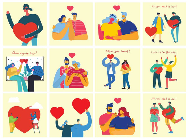 Vector Valentine illustration cards in a flat style of happy couples in love - Vettoriali, immagini