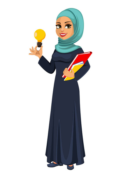 Stock vector árabe mujer de negocios que tiene una buena idea. Hermoso personaje de dibujos animados de mujer de negocios musulmana en estilo plano. Ilustración vectorial - Vector, Imagen