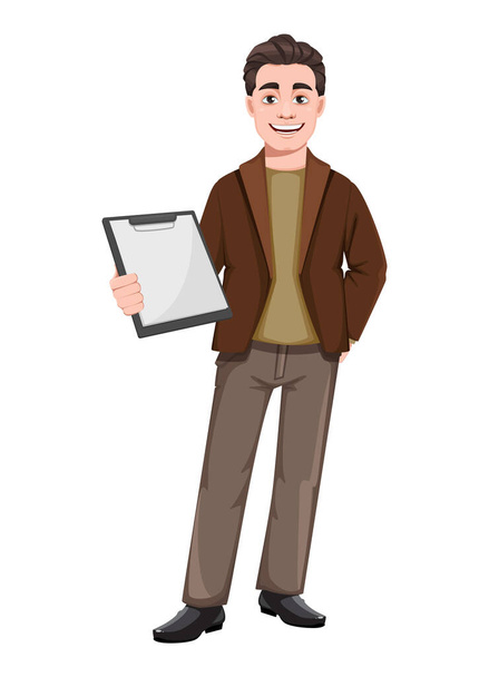 Stock vektor podnikatel kreslený postava v plochém stylu. Mladý pohledný obchodník, držící prázdnou podložku. Vektorová ilustrace - Vektor, obrázek