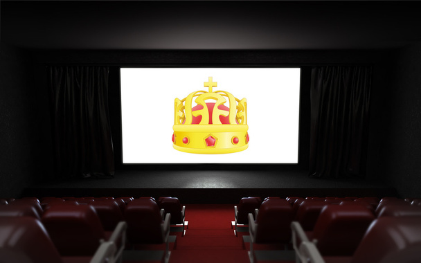 puste kino audytorium z królewskiej korony reklamy na ekranie - Zdjęcie, obraz