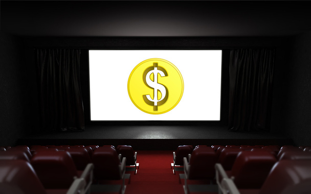 üres moziban nézőtér dollár érme a képernyőn - Fotó, kép