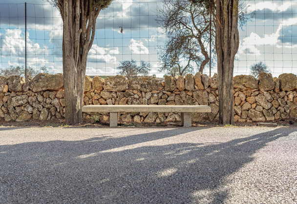 Banc en pierre flanqué de deux troncs de cyprès. En arrière-plan un mur de pierre sans ciment typique de l'île de Majorque, Espagne - Photo, image
