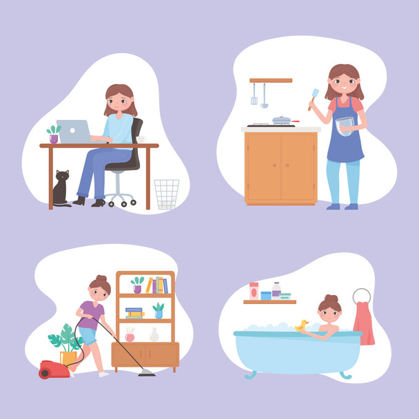 daily routine scene, people cooking, take bath, working, cleaning home - Vector, Image