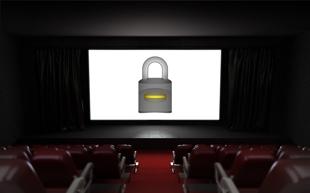 Leerer Kinosaal mit Sicherheitswerbung auf der Leinwand - Foto, Bild