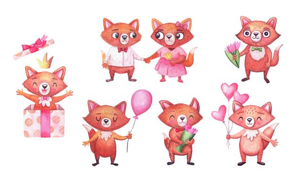 Cute watercolor foxes for birthday party. Set of characters on white. Animals for celebrations. - Photo, Image