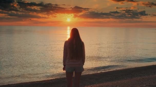 Ammirare l'alba sulla spiaggia donna alzando le mani - Filmati, video