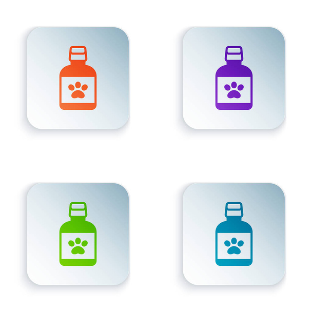 Colore Icona della bottiglia della medicina del cane isolata su sfondo bianco. Contenitore con pillole. Medicina prescritta per animali. Impostare icone colorate in pulsanti quadrati. Vettore. - Vettoriali, immagini