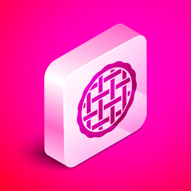 Isometrische zelfgemaakte taart pictogram geïsoleerd op roze achtergrond. Zilveren vierkante knop. Vector. - Vector, afbeelding