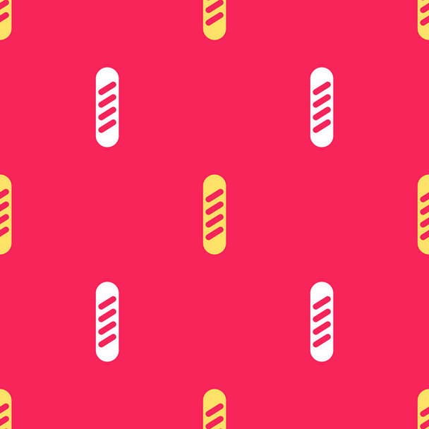 Žlutý francouzský bagetový chléb ikona izolované bezešvé vzor na červeném pozadí. Vektor. - Vektor, obrázek