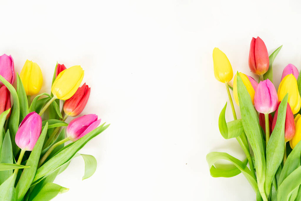 Pink, yeelow and violet tulips flowers - 写真・画像