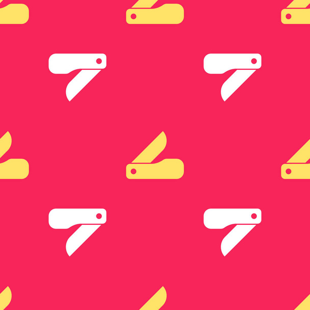 Żółty szwajcarski nóż wojskowy ikona izolowane bezszwowy wzór na czerwonym tle. Wielofunkcyjny scyzoryk. Wielofunkcyjne narzędzie. Wektor. - Wektor, obraz
