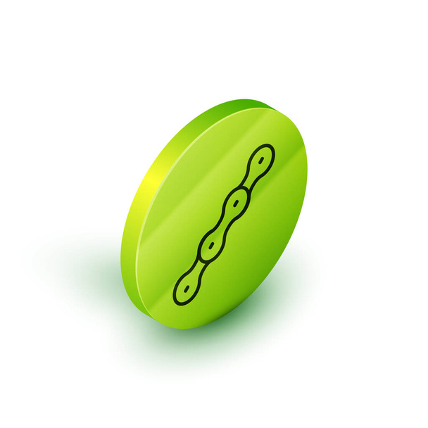 Izometrická linie Cyklistický řetěz ikona izolované na bílém pozadí. Převodovka řetězového kola. Zelený knoflík. Vektor. - Vektor, obrázek