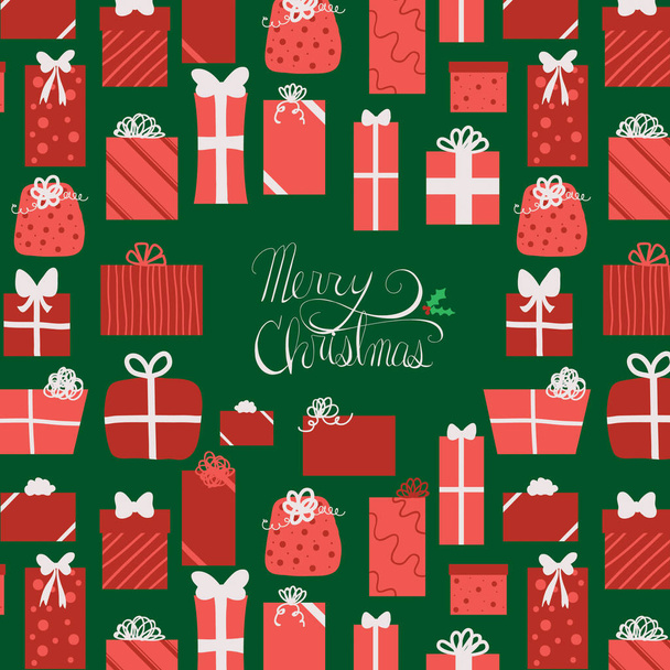 Presenta Bajo el Árbol. Regalo rojo envuelto patrón de regalo de Navidad. - Vector, Imagen
