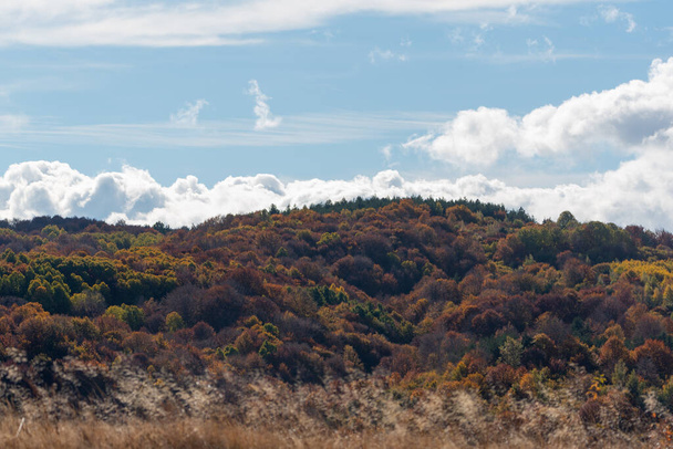 Autumn landscape with couldy moody sky rural mountain woodland bulgaria copy space for text - Fotó, kép