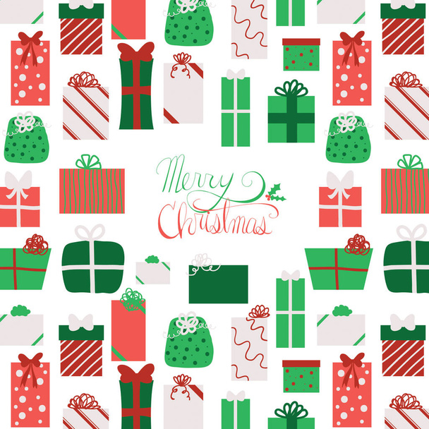 Presenta Bajo el Árbol. Regalo rojo y verde envuelto patrón de regalo de Navidad con el texto Feliz Navidad. - Vector, Imagen